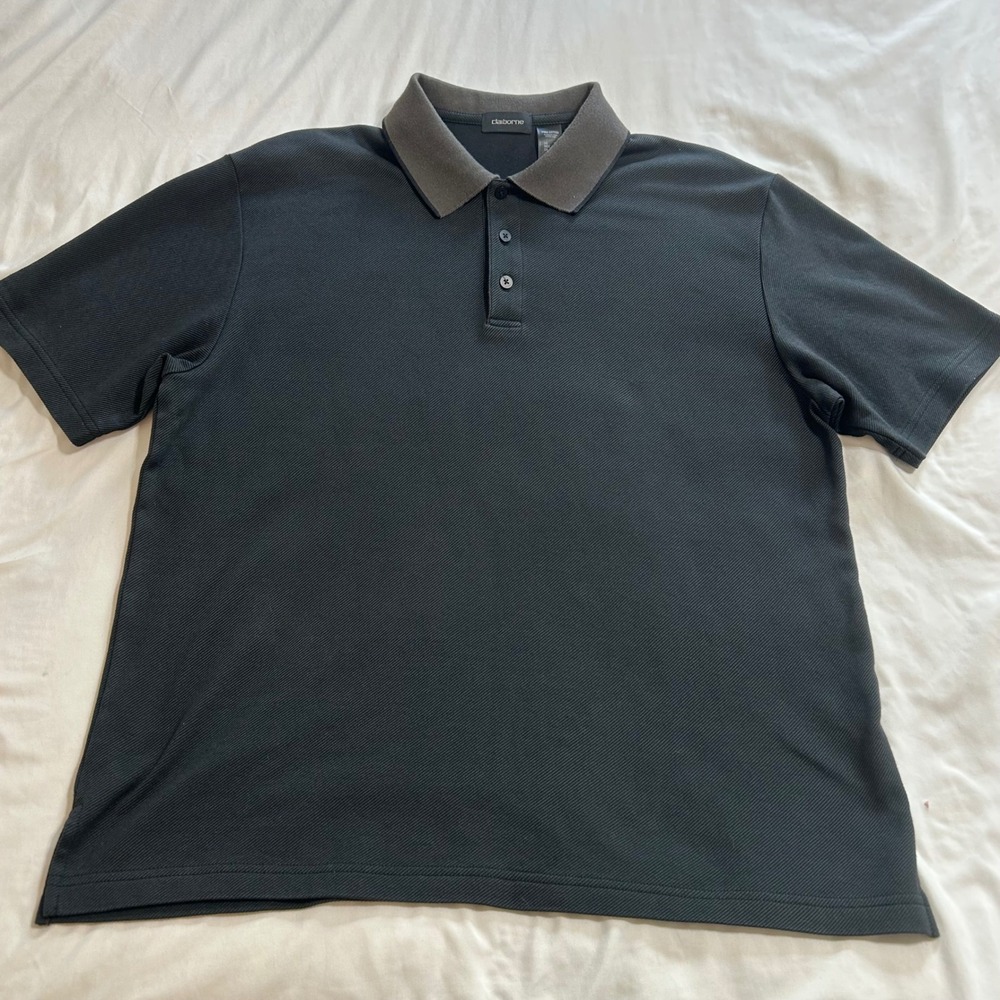 Claiborne Mens Pima Cotton Blend Polo Shirt Black Gray Short Sleeve Textured L